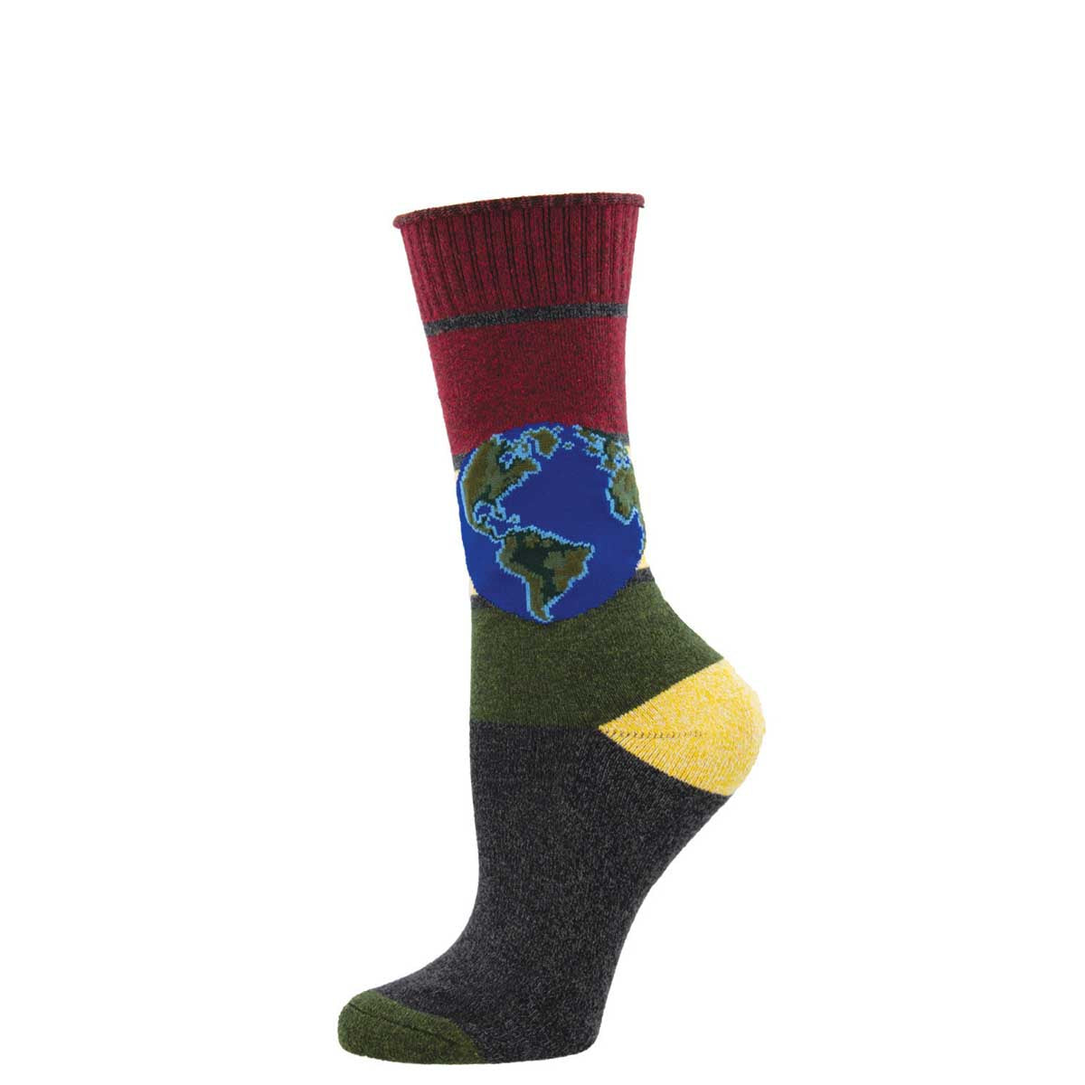 A pair of socks with a design featuring the Earth, where the foot area is green and the leg areas are red and blue. The socks have a multicolored pattern and display a sustainable message.