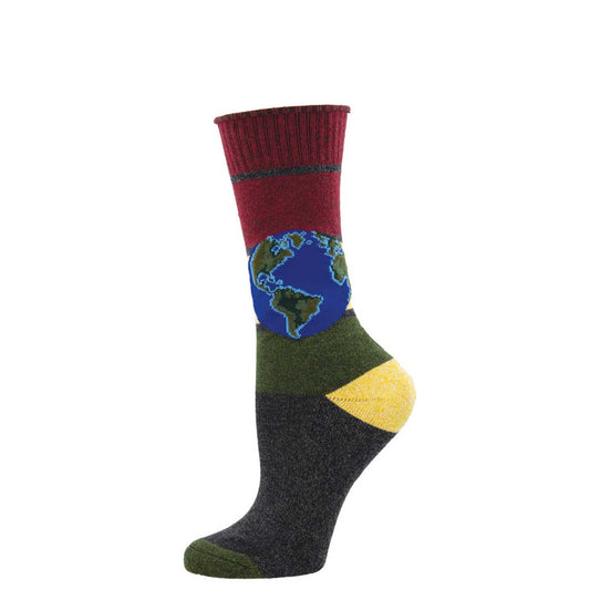 A pair of socks with a design featuring the Earth, where the foot area is green and the leg areas are red and blue. The socks have a multicolored pattern and display a sustainable message.