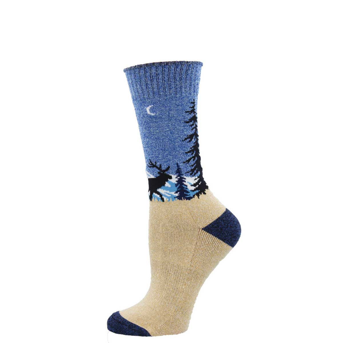 A crew sock with a landscape design featuring trees, an elk, the mountain, and a moon, predominantly blue and beige in color, with a cushioned footbed.