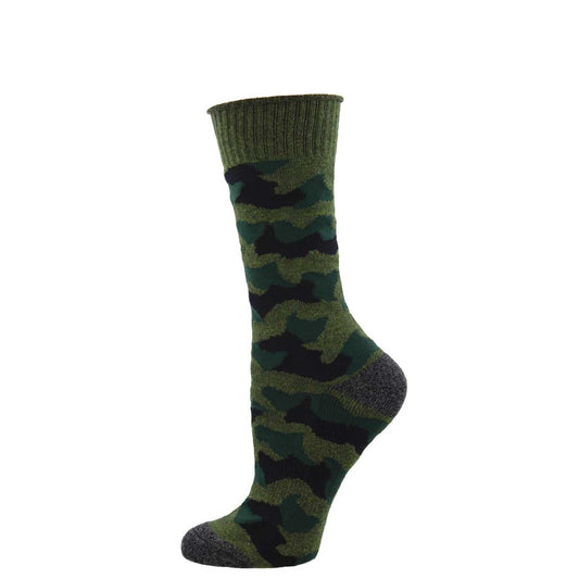 A green camouflage pattern sock.