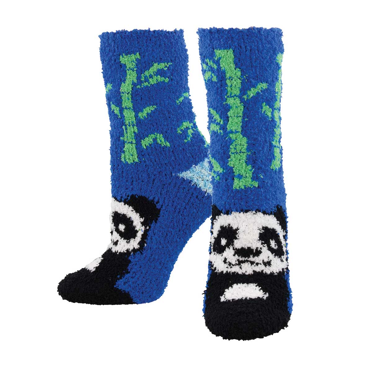 A pair of blue fuzzy socks with a panda design and green bamboo motifs.