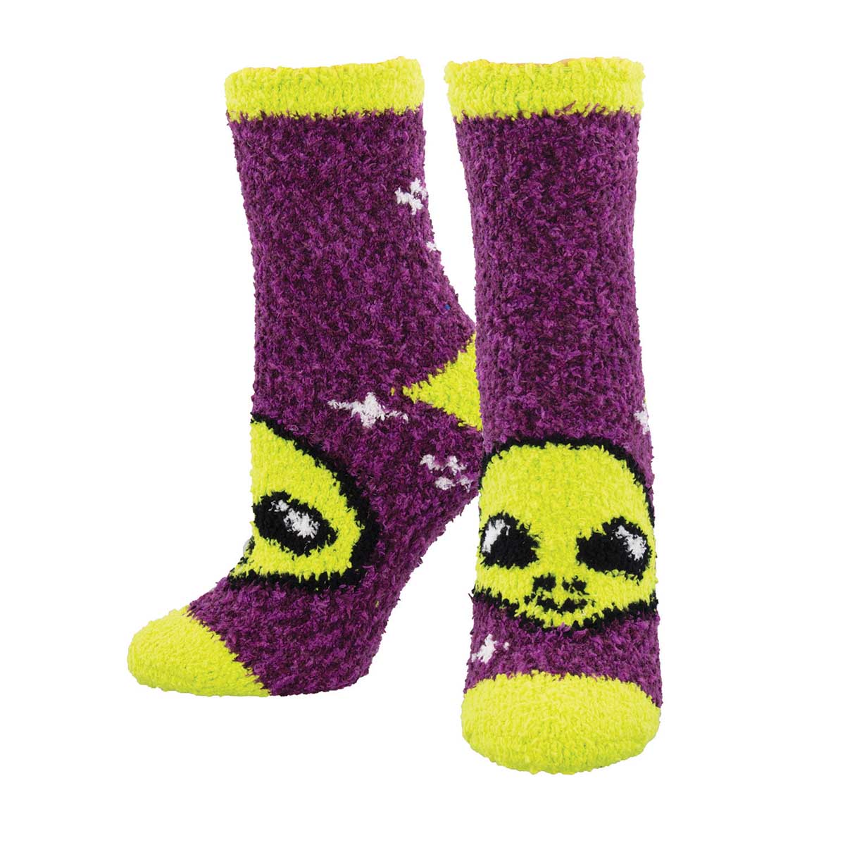 A pair of fuzzy, purple socks with a pattern of green alien faces.