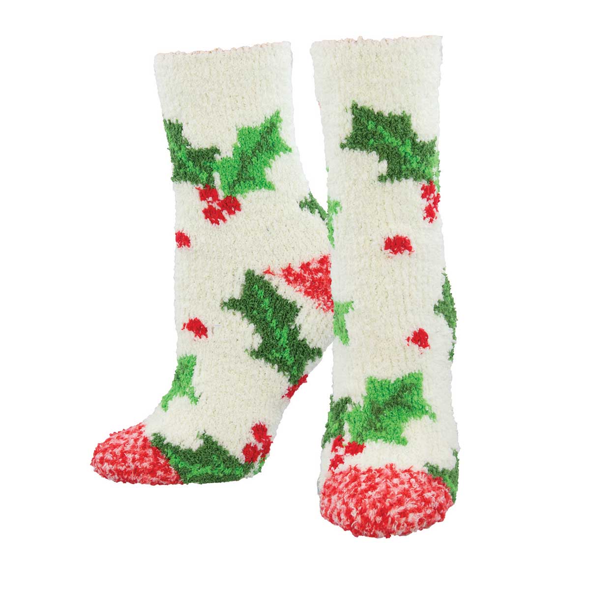 A pair of white crew socks with a Christmas pattern, featuring green holly leaves and red berries, designed to be warm and cozy.