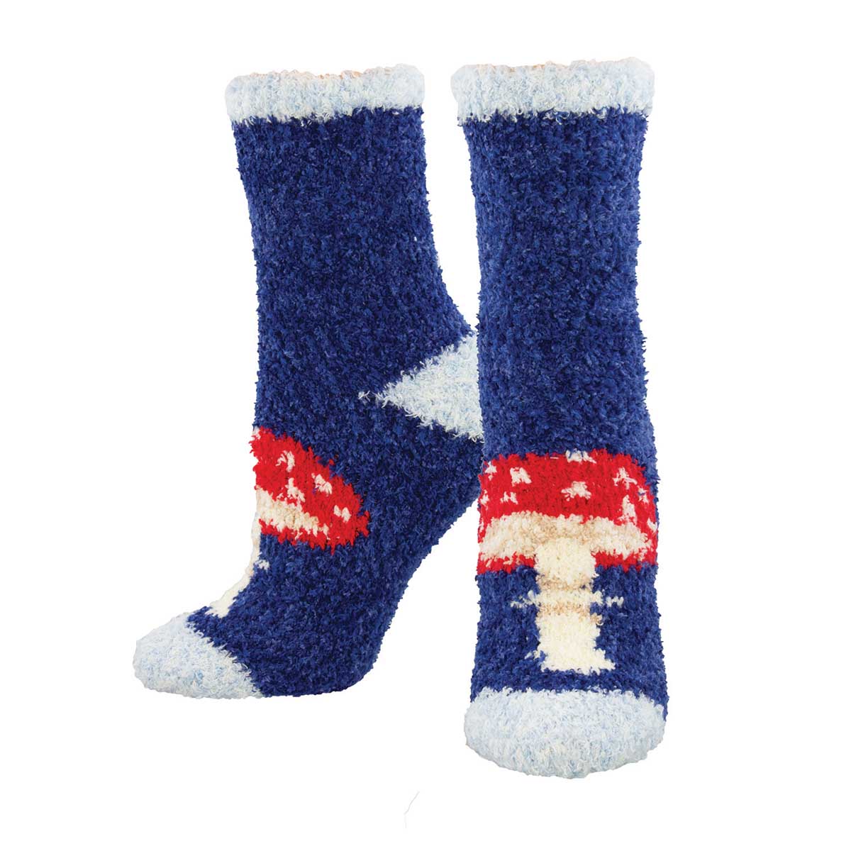 A pair of blue crew socks with a white and red mushroom pattern and fuzzy texture.