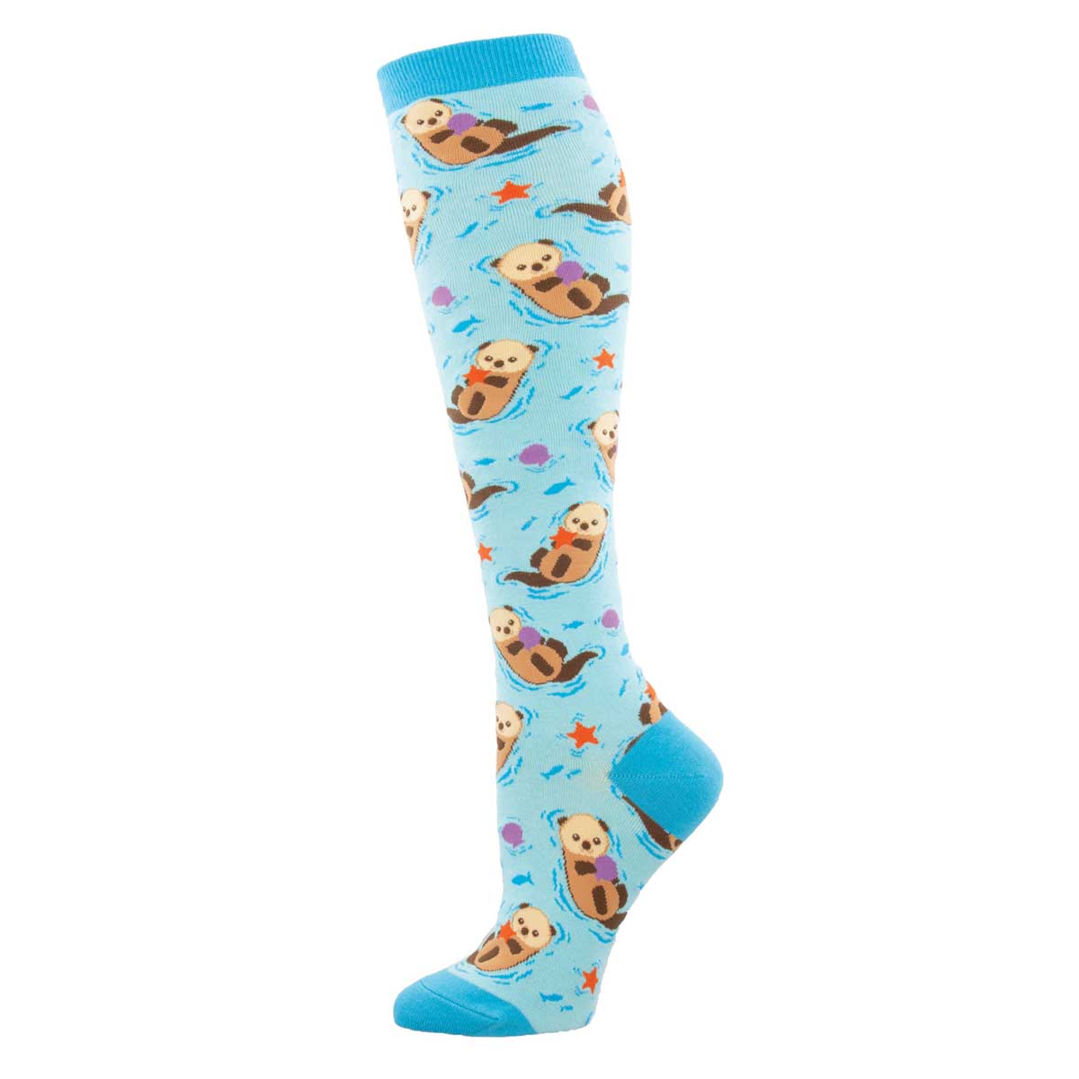 A pair of knee-high socks with a blue background featuring multiple otter designs swimming in an aquatic setting.