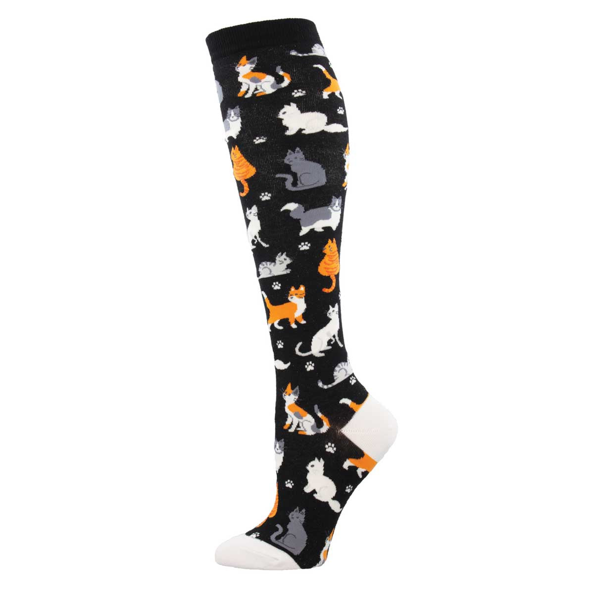 A pair of knee-high socks with a pattern of various cats in black, white, gray, and orange colors on a black background.