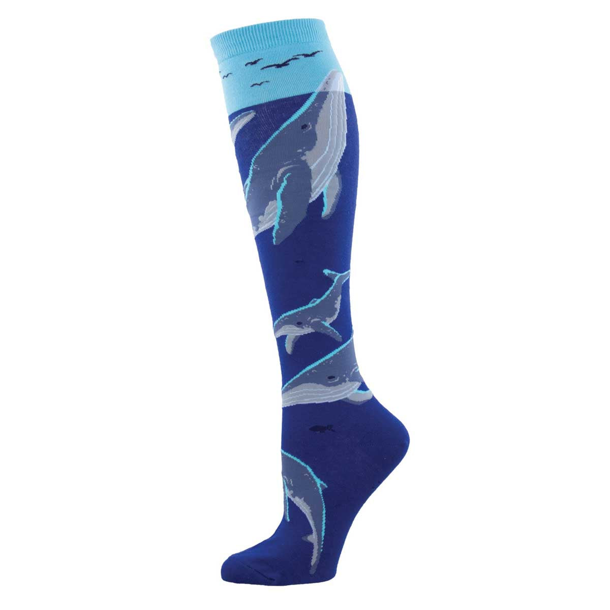 A pair of blue knee-high socks featuring a pattern of humpback whales.