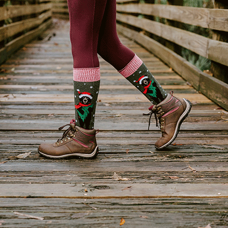 Person wearing festive socks with a wooden bridge background