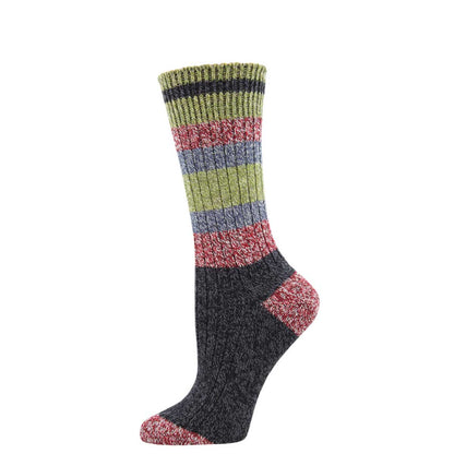 A pair of striped socks with a recycled blend composition, featuring various colors including green, blue, red, and charcoal.