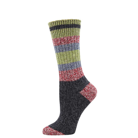 A pair of striped socks with a recycled blend composition, featuring various colors including green, blue, red, and charcoal.
