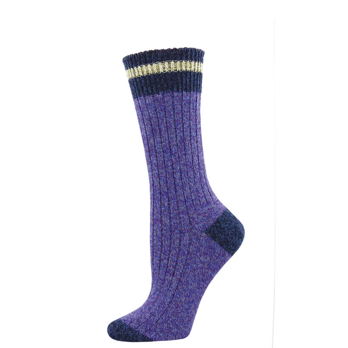 A pair of light and dark blue striped socks designed for the rugged outdoors and cozy indoors, made from recycled wool and cotton blend.