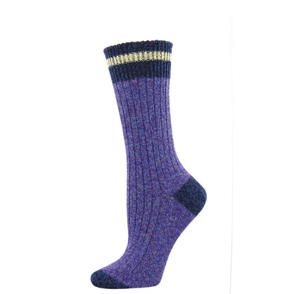 A pair of light and dark blue striped socks designed for the rugged outdoors and cozy indoors, made from recycled wool and cotton blend.