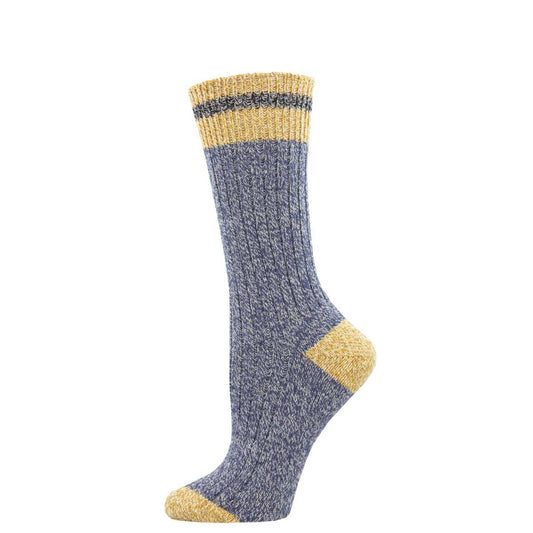 A pair of blue and gold striped socks designed for the rugged outdoors and cozy indoors, made from recycled wool and cotton blend.