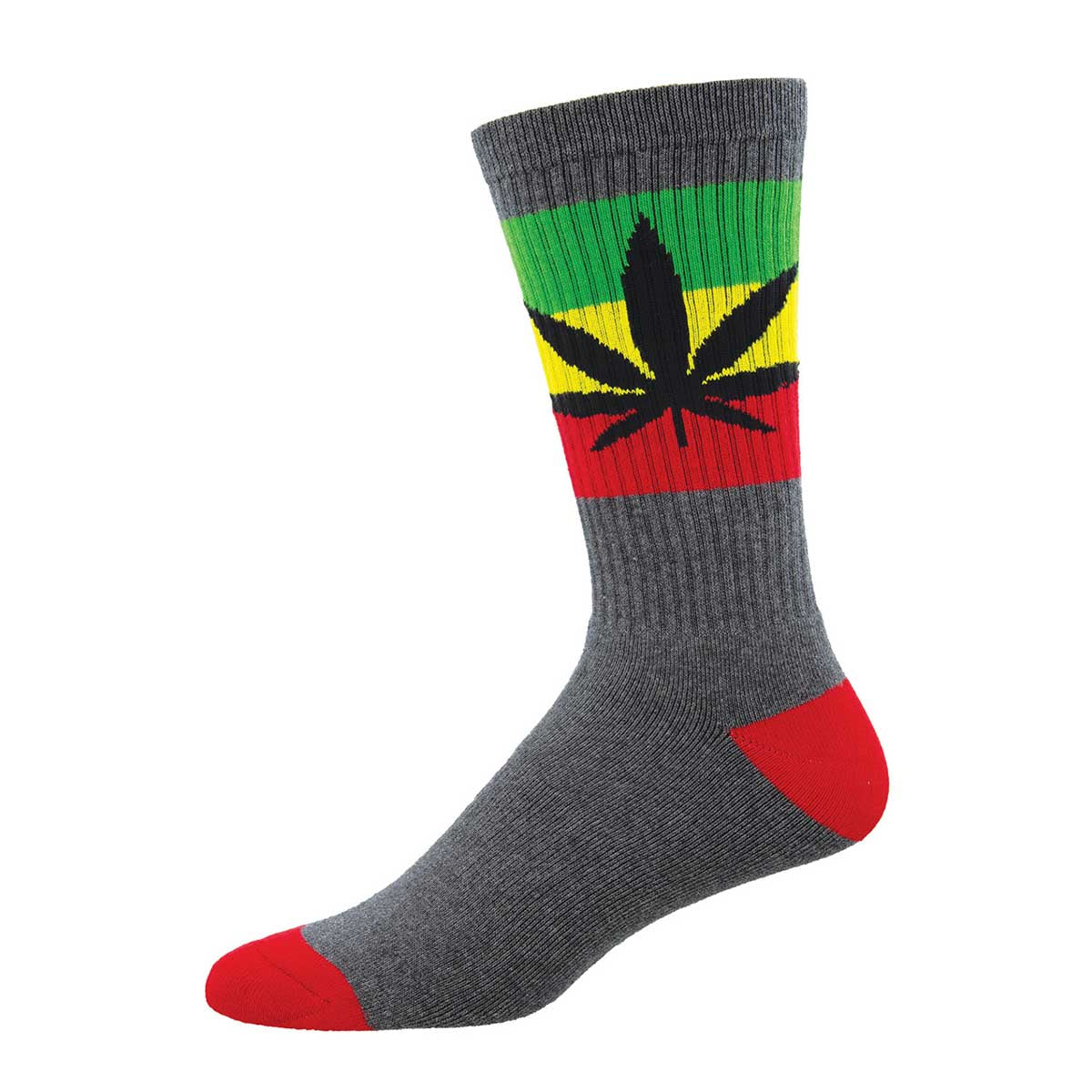 A pair of crew socks with a cannabis leaf design in red, green, and yellow stripes on the calf, with a gray foot and red toe cap.