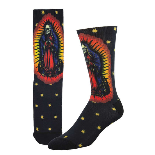 A pair of socks featuring a 3D printed design of a skeleton figure with a red and blue robe against a dark background with yellow stars.