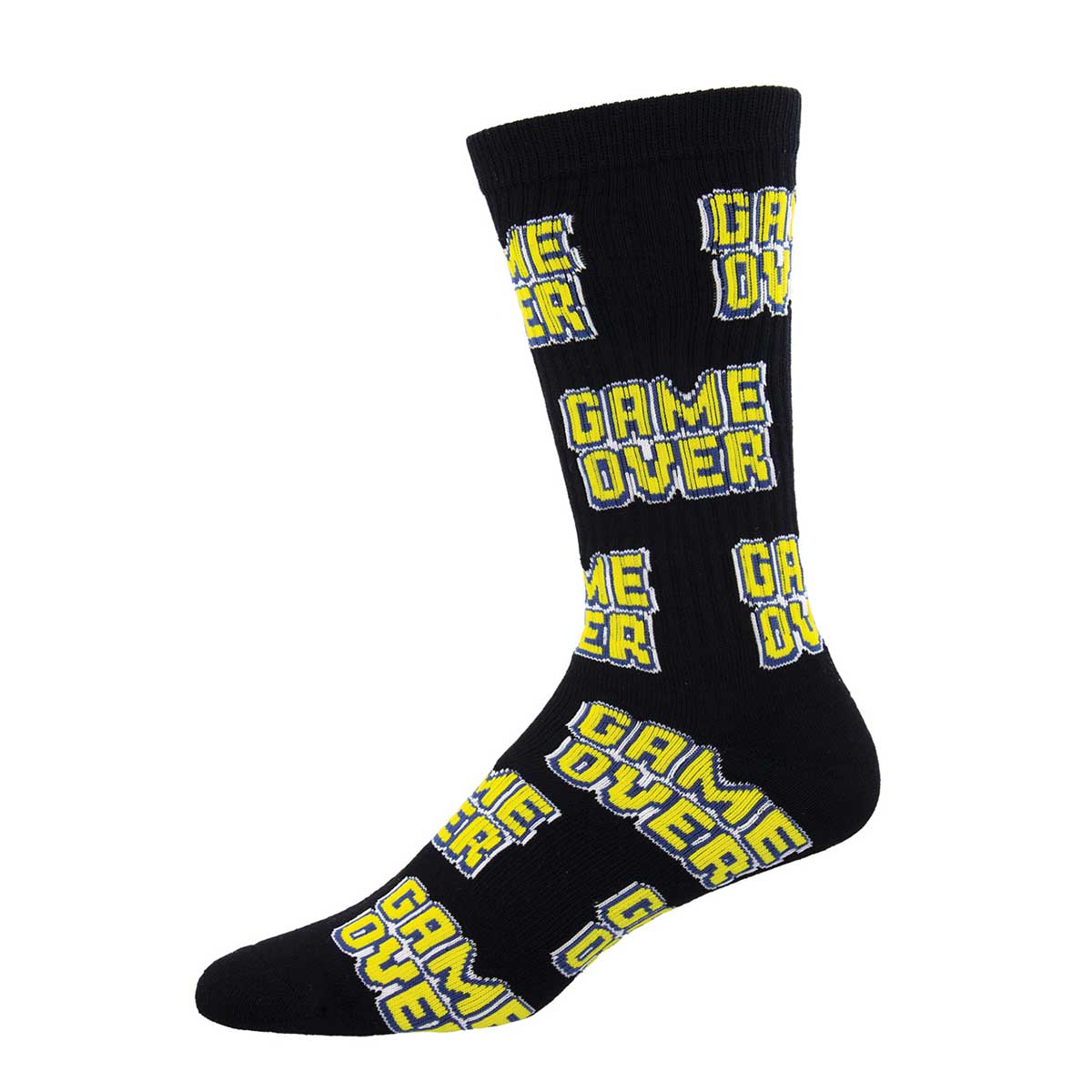 A pair of black crew socks with the text 'GAME OVER' repeated across the surface in a yellow bold font.