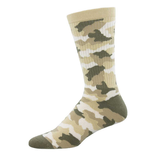 A pair of camouflage patterned athletic crew socks with arch support and a cushioned footbed.