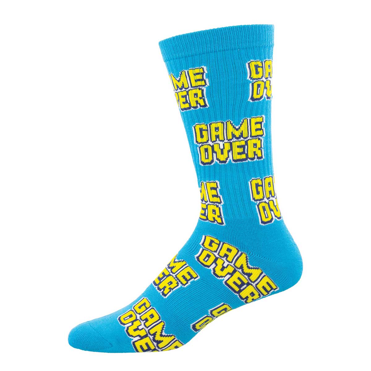 A pair of blue crew socks with the text 'GAME OVER' repeated across the surface in a yellow bold font.