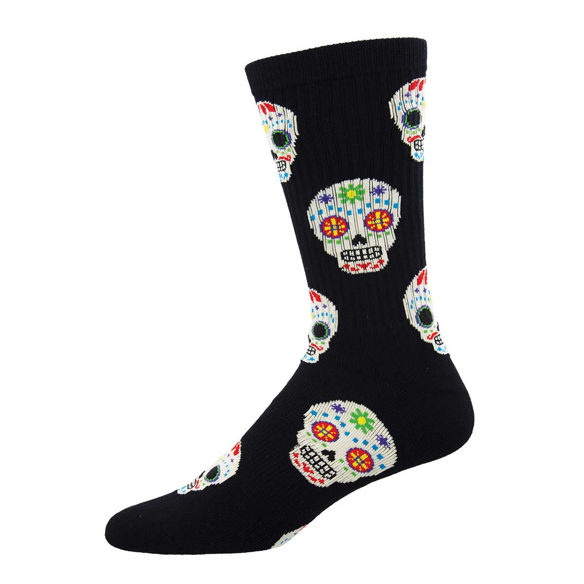 A pair of black crew socks with a pattern of colorful Dia de los Muertos sugar skull designs.