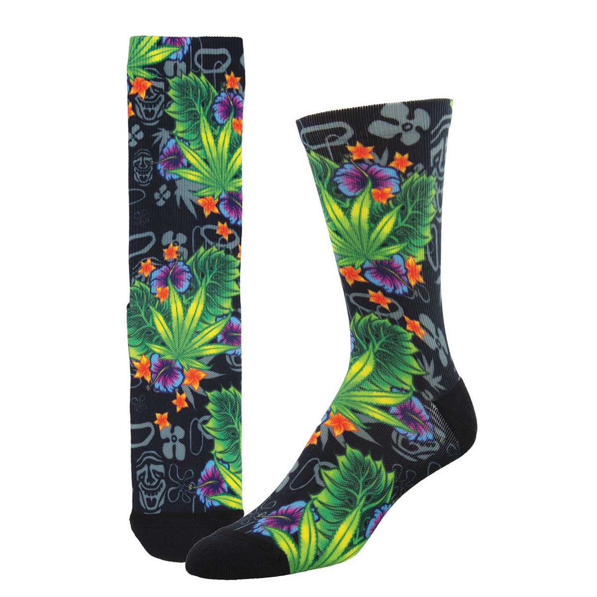 A pair of colorful 3D printed socks featuring a floral and possibly marijuana leaf design on a black background.