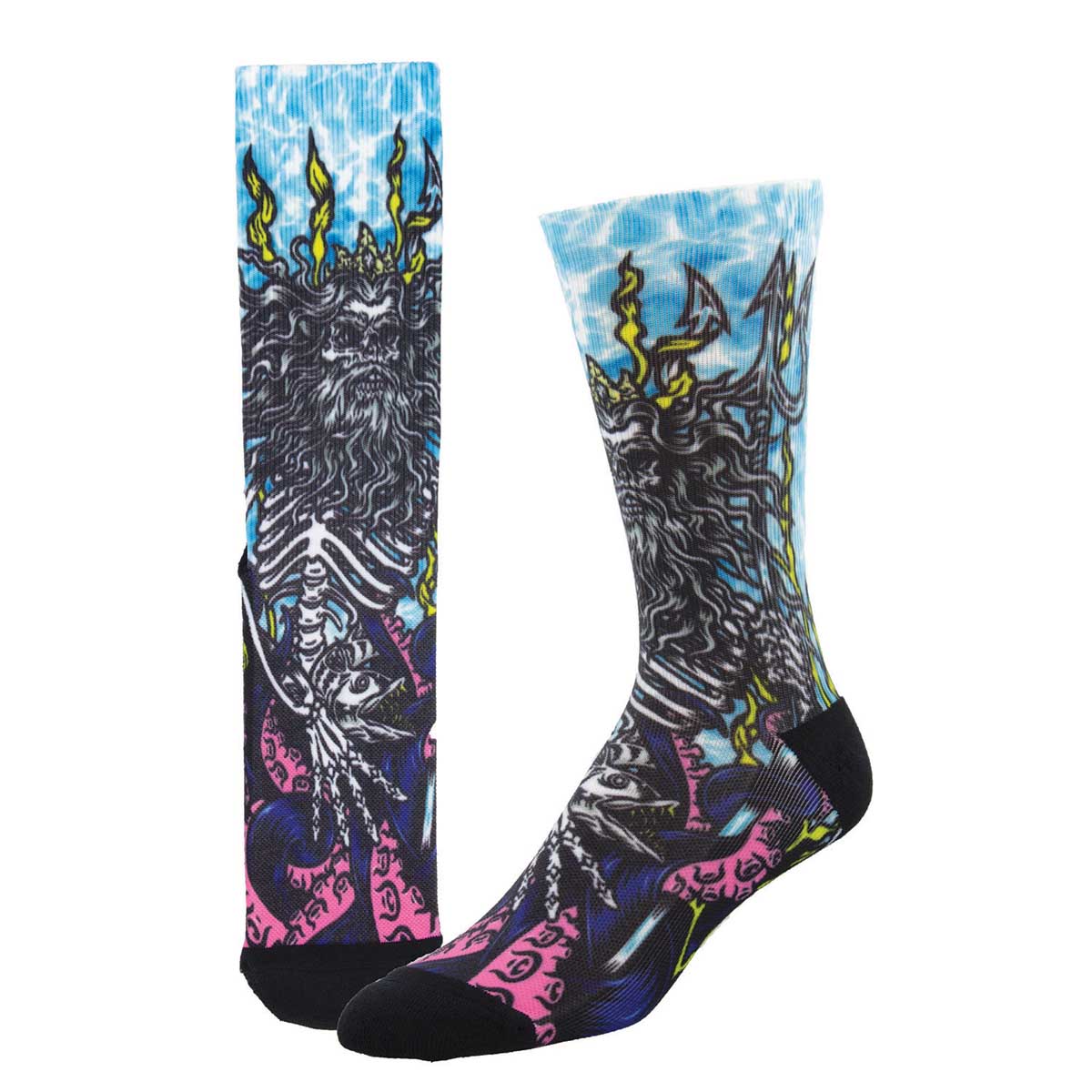 A pair of 3D printed socks featuring a colorful design with a stylized Poseidon skeleton.