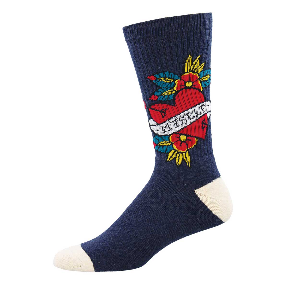 A pair of blue crew socks with a red heart and floral pattern, and the phrase 'LOVE MYSELF' arched across the heart.