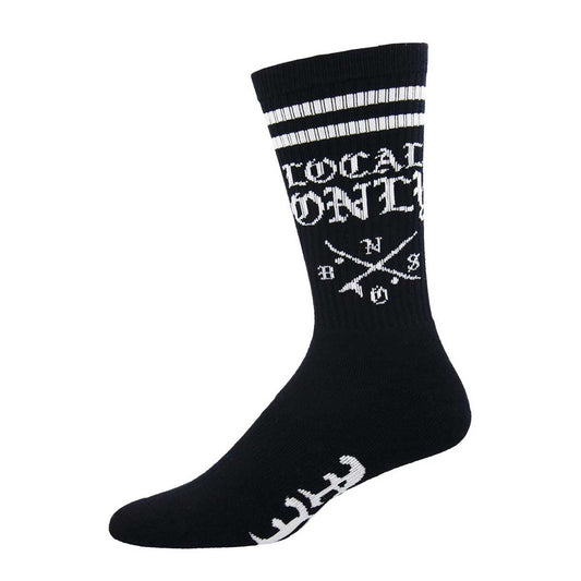 A pair of black crew socks with the text 'LOCALS ONLY' and the logo 'NO BS' printed in white on the calf area. The socks also feature two white horizontal stripes near the top and a graphic pattern near the ankle.