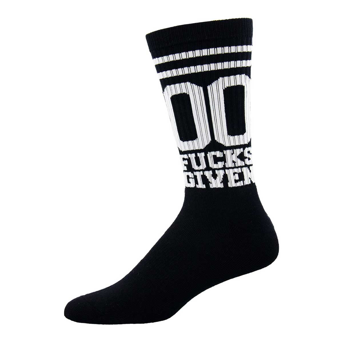 A black crew sock with the phrase '00 Fucks Given' written in white text on the calf area, featuring horizontal white stripes.