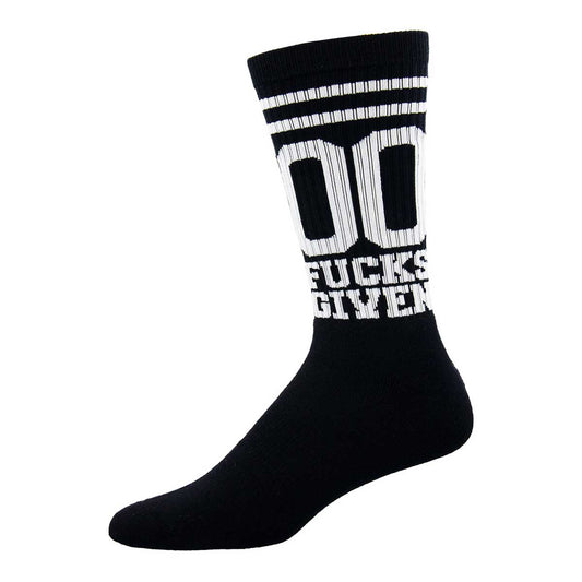 A black crew sock with the phrase '00 Fucks Given' written in white text on the calf area, featuring horizontal white stripes.