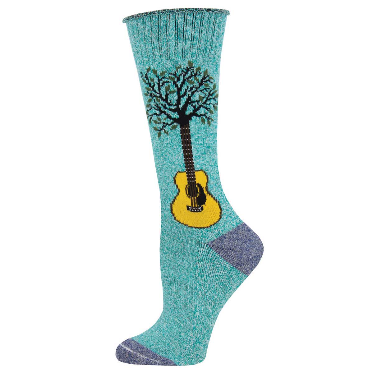 A light blue sock with a graphic of a tree and a guitar in the center, green at the toe and heel, and a patterned design around the calf.