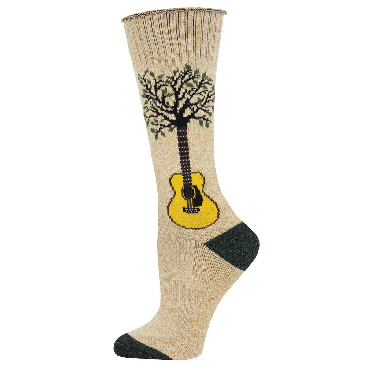 A beige sock with a graphic of a tree and a guitar in the center, green at the toe and heel, and a patterned design around the calf.