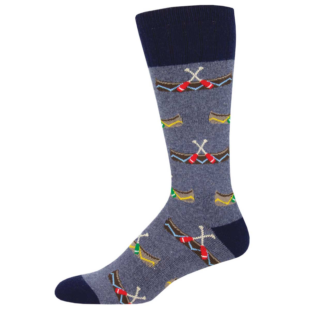 A pair of blue recycled wool socks with a pattern of white canoes, red oars, and green accents on the foot area.