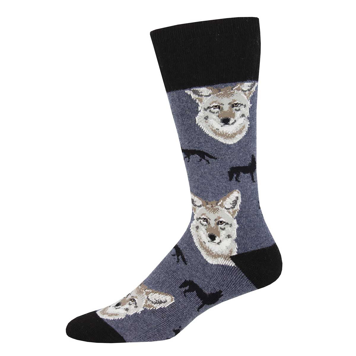 A pair of socks with a pattern that includes a coyote face and silhouette of a boot on a grey background.
