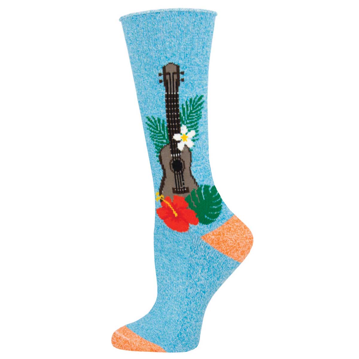 A pair of blue socks with a graphic design of a ukulele and surrounding floral patterns.