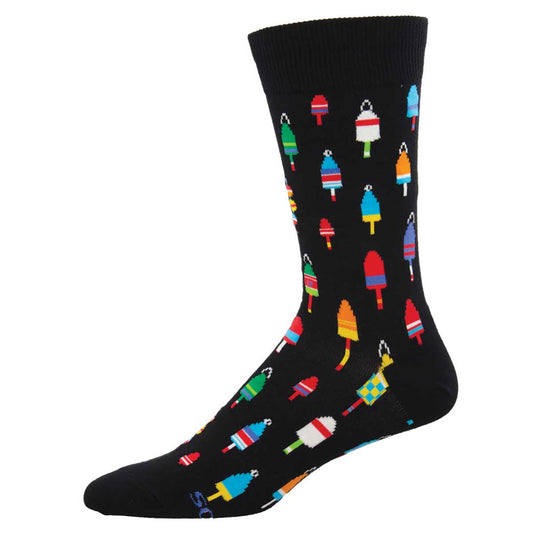 A pair of black crew socks with a pattern of colorful buoy's.