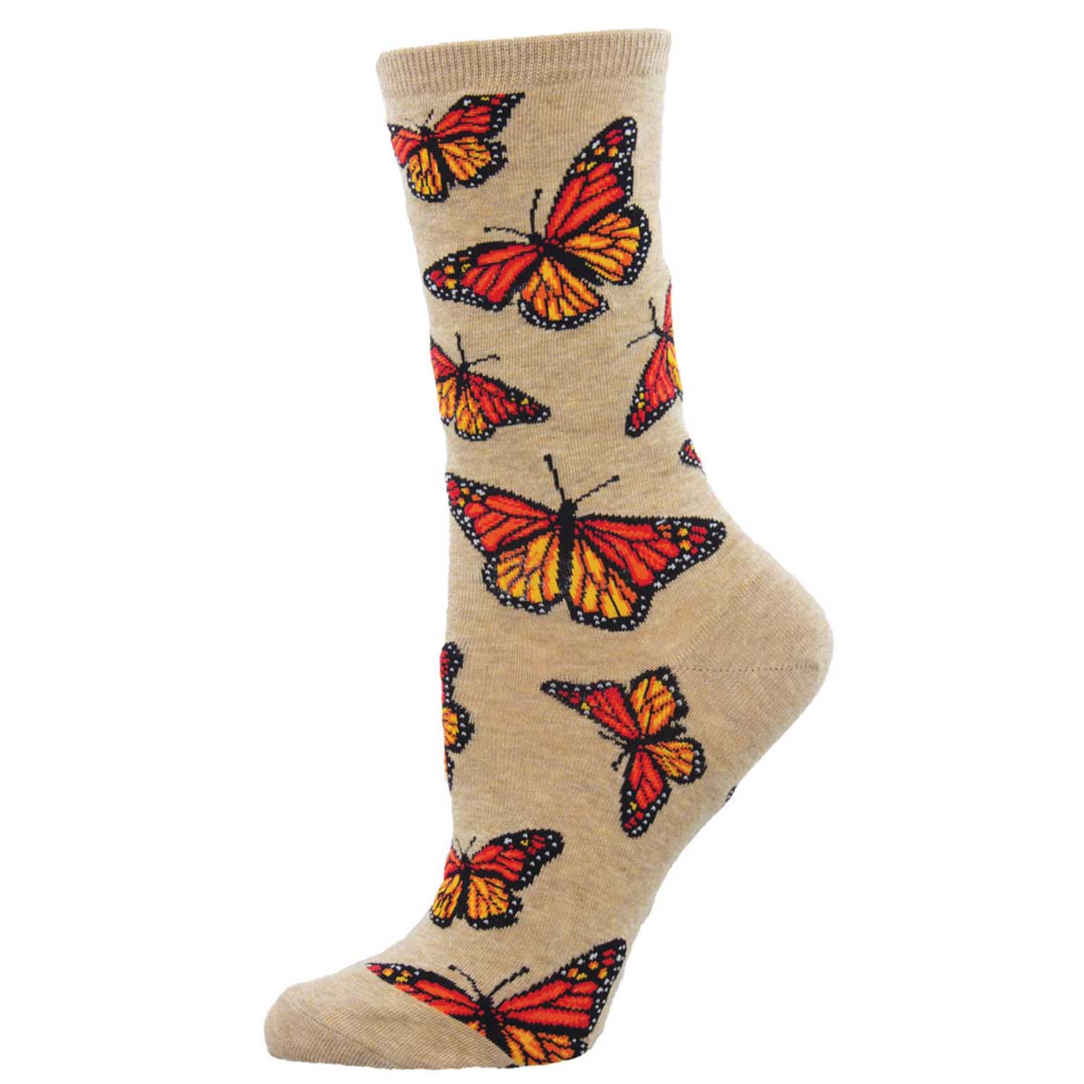Women's Cotton Crew Socks - Monarch Butterfly Design - Sand - Socksmith