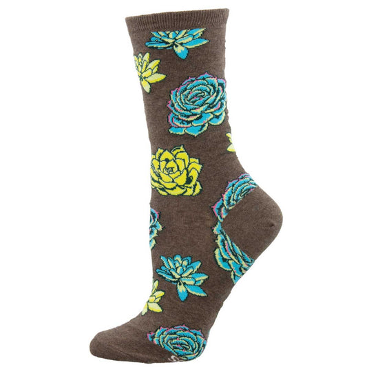 A pair of women's socks with a pattern of succulent plants in brown, white, and green colors.