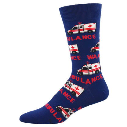 A pair of blue crew socks with ambulance vehicle patterns and the text 'WAAMBULANCE' printed throughout.