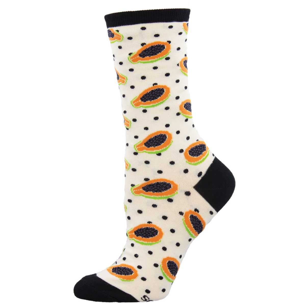 A pair of white cotton crew socks with a pin dot pattern and papaya fruit design on the ankle area, with black trim.