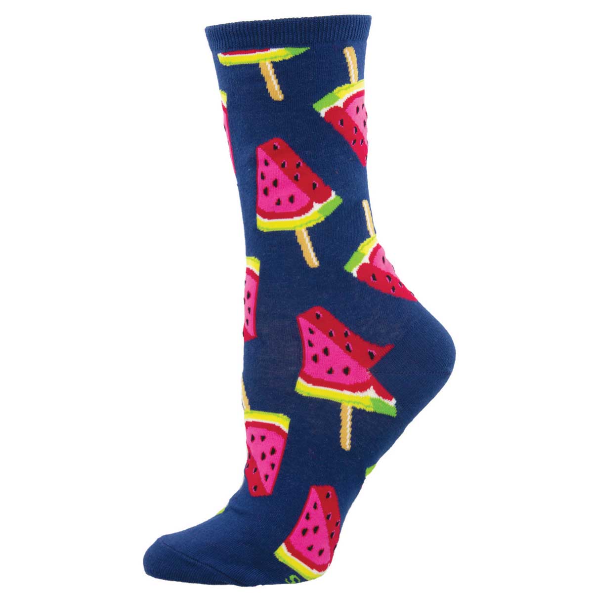 A pair of blue crew socks with a pattern of watermelon slices on them.