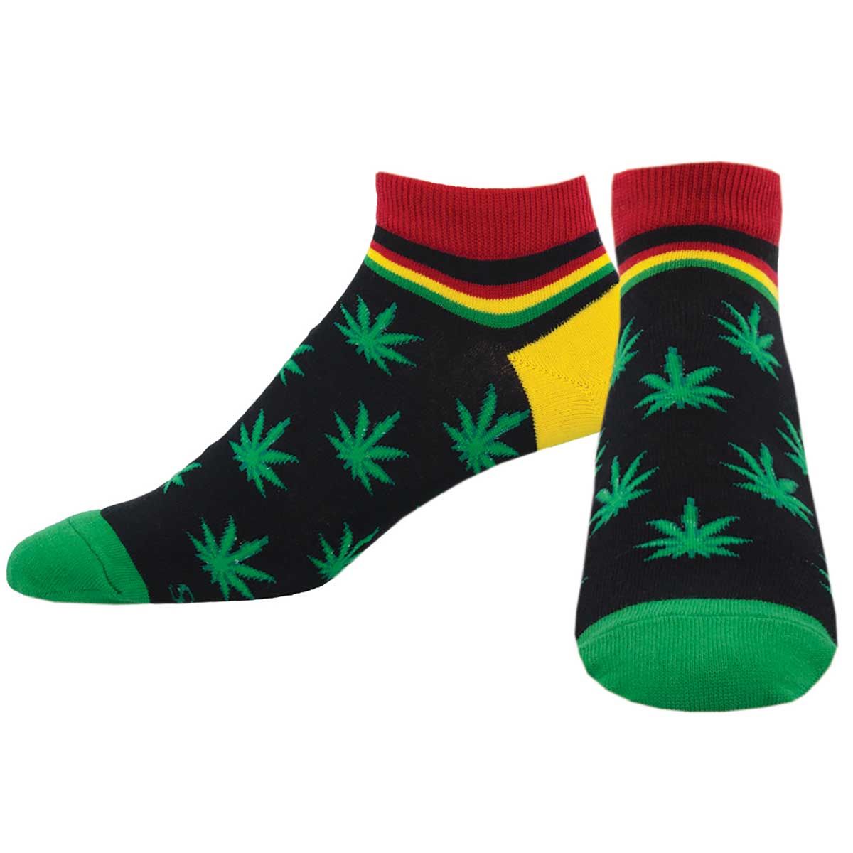 A pair of colorful socks featuring green cannabis leaves with a black background, red and yellow stripes at the top, and green tips on the toes.