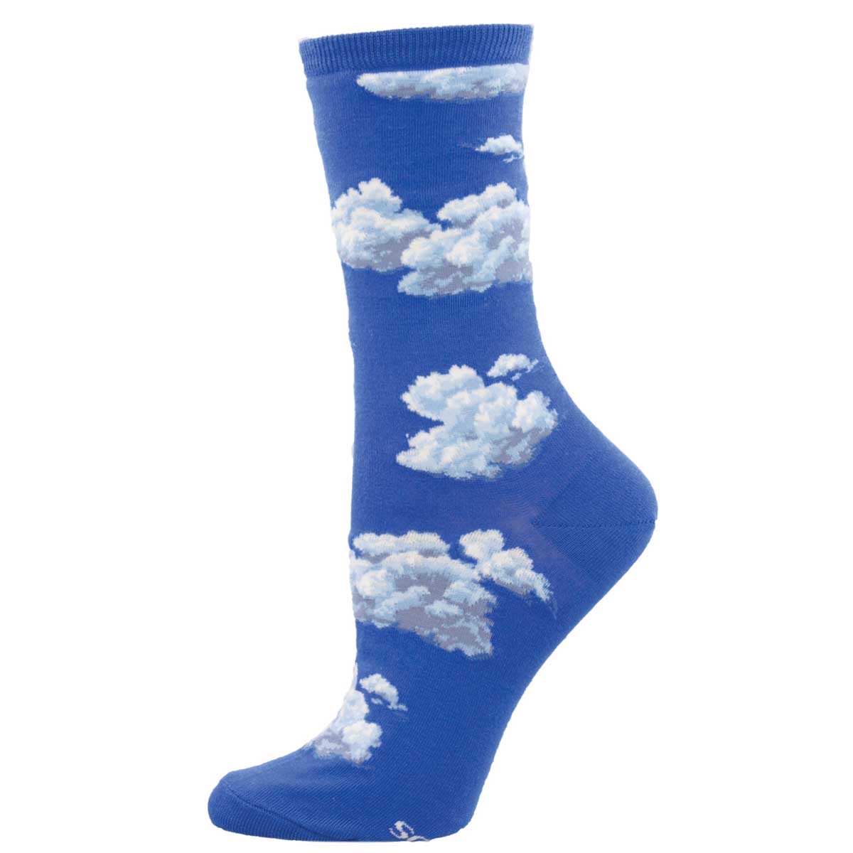 A pair of blue cotton crew socks with a pattern of white clouds.