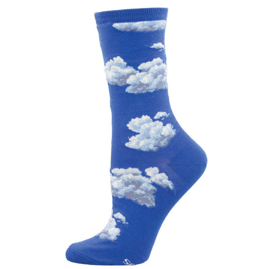 A pair of blue cotton crew socks with a pattern of white clouds.
