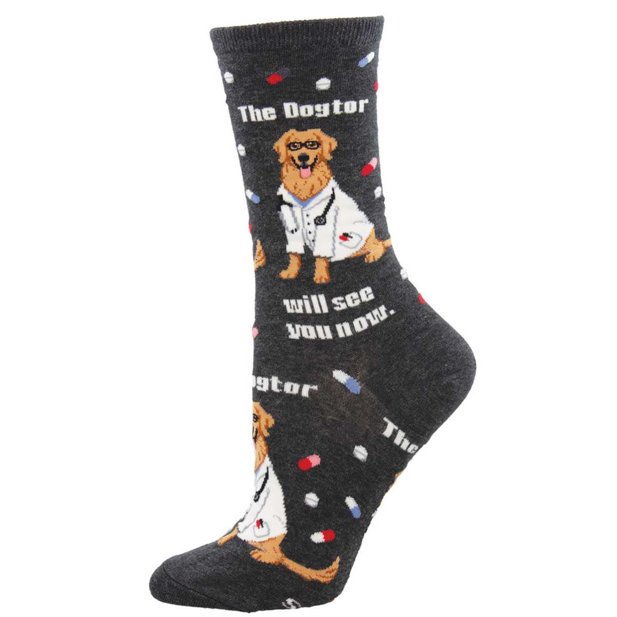 A pair of women's crew socks with a pattern featuring a dog dressed as a doctor and text that reads 'The Dogtor will see you now.'.