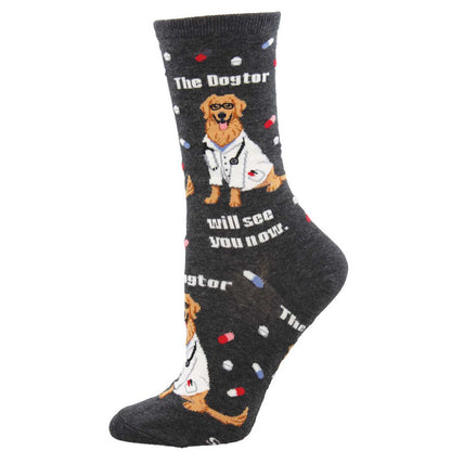 A pair of women's crew socks with a pattern featuring a dog dressed as a doctor and text that reads 'The Dogtor will see you now.'.