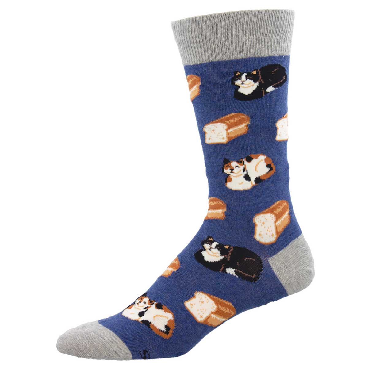 A pair of blue crew socks with a pattern of cats and slices of bread