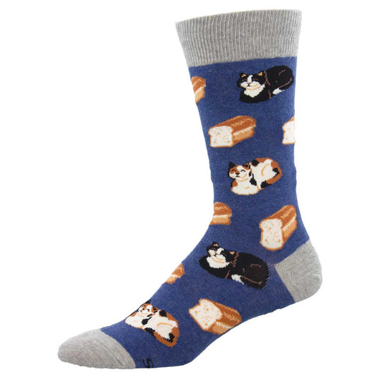 A pair of blue crew socks with a pattern of cats and slices of bread