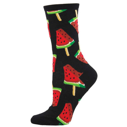 A pair of black crew socks with a pattern of watermelon slices on them.