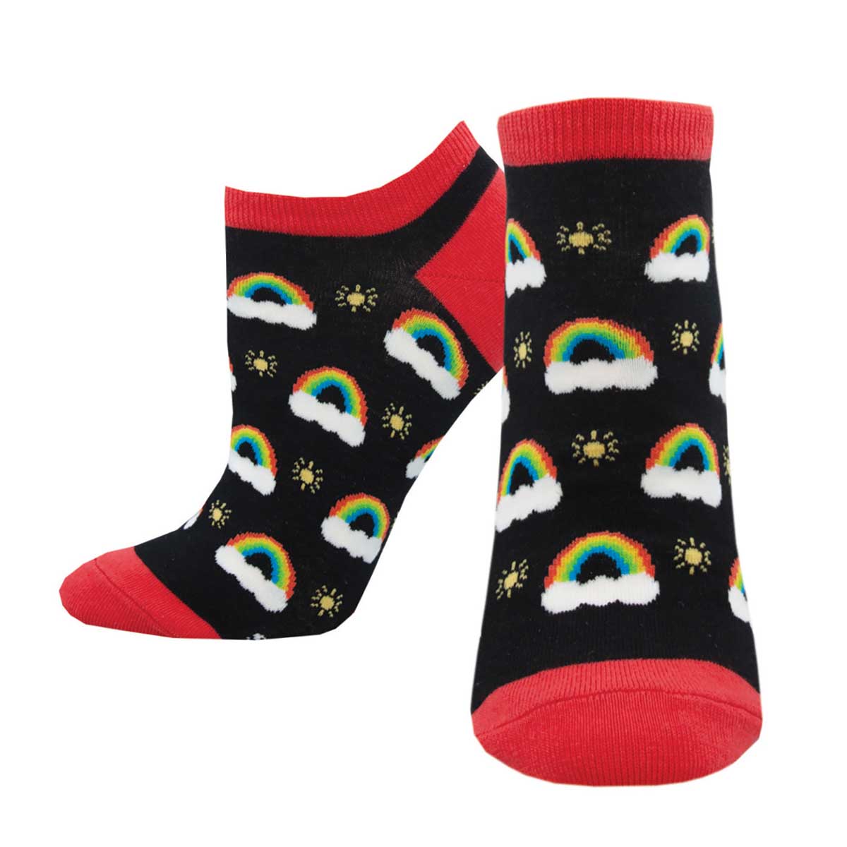 A pair of black novelty ankle socks with a pattern of rainbows, clouds, and suns, featuring red accents.