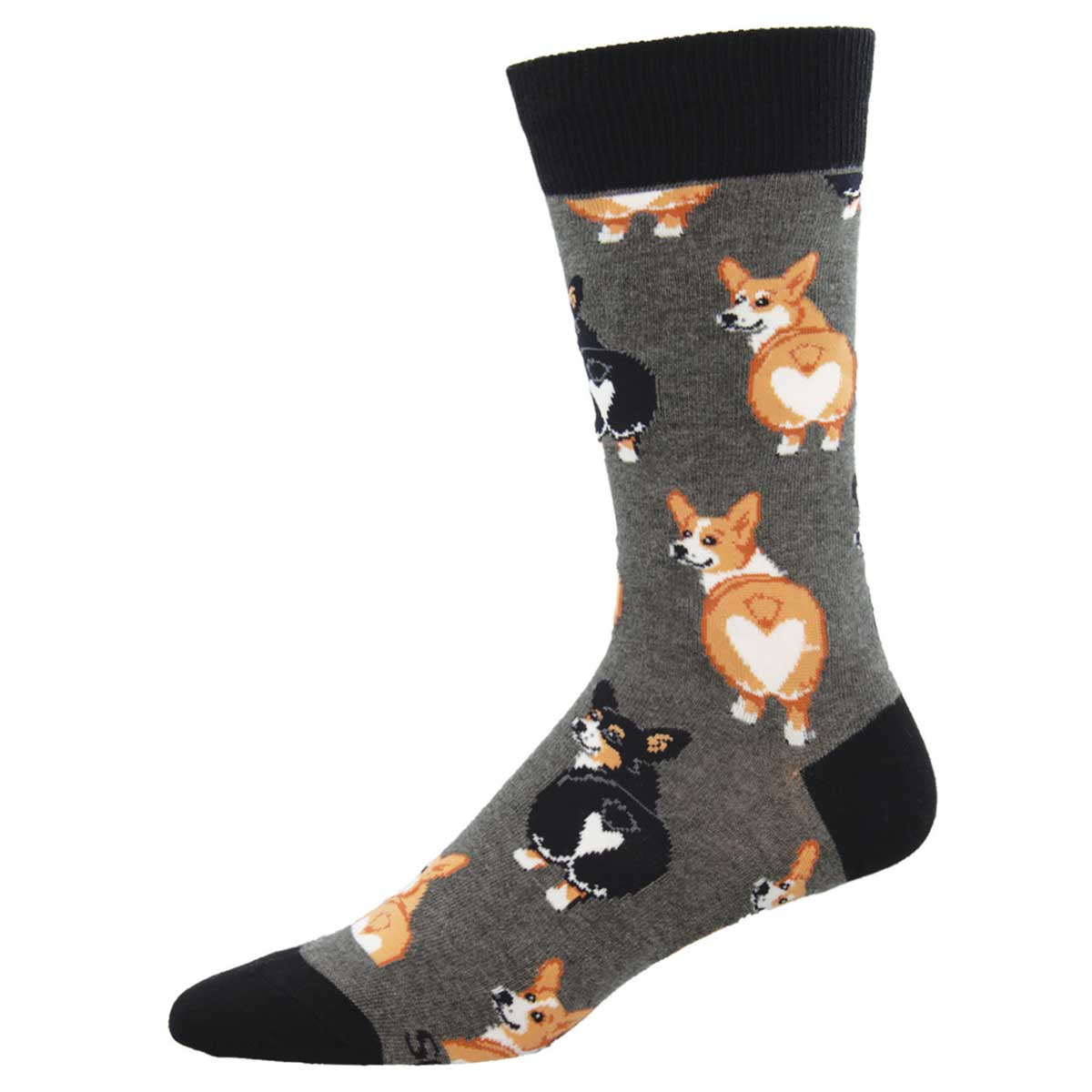A pair of socks with a pattern of corgi dogs in various colors primarily on a charcoal gray background, with a black cuff at the top.